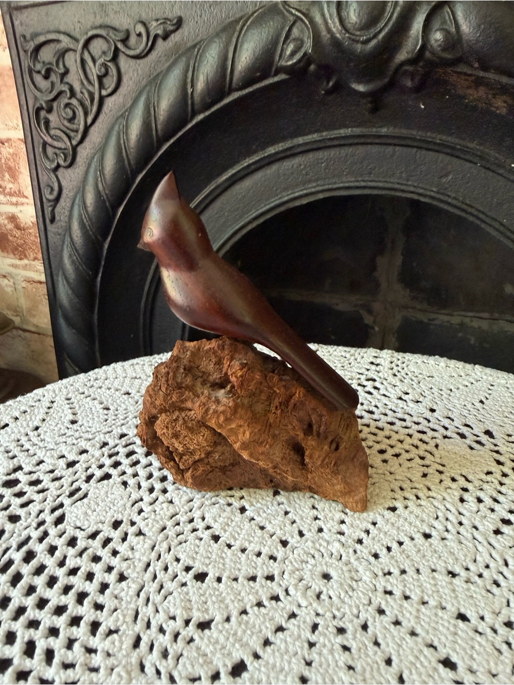 Vtg Hand Carved Wooden Bird Sculpture on Driftwood Base Cardinal Birds Figure